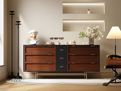 Modern Entryway Console Cabinet With Wooden Drawers Metal Handles And Decorative Vase 3d model