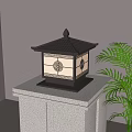 Traditional Chinese Style Outdoor Light with Glass Shade and Decorative Patterns on Stone Pedestal