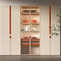 Modern Beige Wardrobe Design With Glass Door Storage Shelves Orange Strips And Potted Plant