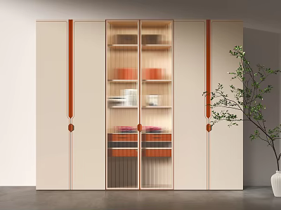 Modern Beige Wardrobe Design With Glass Door Storage Shelves Orange Strips And Potted Plant 3d model