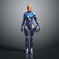 Sci Fi Female Warrior Character Wearing Blue Silver Armor And Holding Helmet