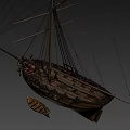 Classic Sailing Ship With Tall Masts Wooden Deck And Dinghy At Sea