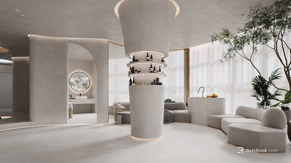 Modern Beauty Hair Salon Interior With Circular Pillar Shelves Holding Beauty Products Sofas And Mirrors 3d model 