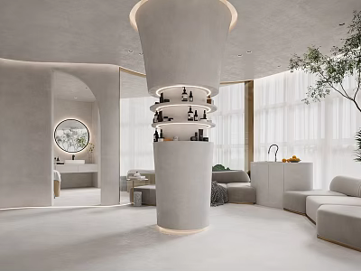 Modern Beauty Hair Salon Interior With Circular Pillar Shelves Holding Beauty Products Sofas And Mirrors 3d model