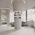 Modern Beauty Hair Salon Interior With Circular Pillar Shelves Holding Beauty Products Sofas And Mirrors