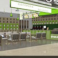 Modern Milk Tea Shop Interior With Green Decor And Wooden Tables Chairs
