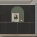 Modern Dark Bookcase With Arched Design And Decorative Items Like Books Vase And Plants