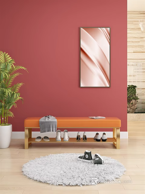 Orange Bench with Golden Legs Wall Art Green Plant Shoes Blanket and Magazine 3d model 