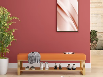 Orange Bench with Golden Legs Wall Art Green Plant Shoes Blanket and Magazine 3d model