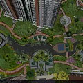 Modern Residential Garden Landscape With Water Pond Greenery Walkways And High Rise Buildings