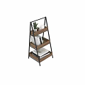 Modern Minimalist Ladder Shelf With Wooden Shelves Black Metal Frame Books Plant And Mug