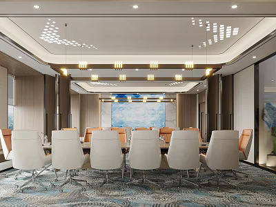 Modern Office Meeting Room Interior With Long Conference Table White Orange Chairs Chandeliers And Carpet 3d model