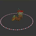 Scenic View of Red Tower with Orange Vehicle and Red White Circular Chain Fence