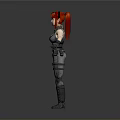 Woman with red hair wearing tactical black vest gray pants and gloves on gray background