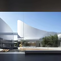 Modern White Architecture With Glass Curtain Wall Courtyard Water Pool And Sculpture