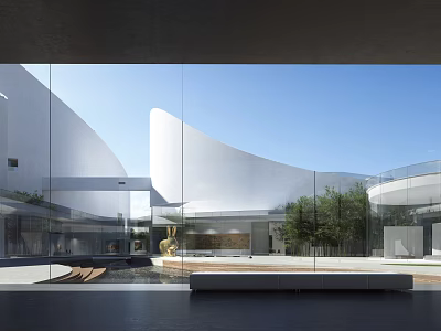 Modern White Architecture With Glass Curtain Wall Courtyard Water Pool And Sculpture 3d model