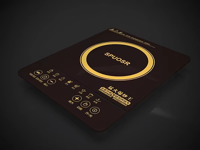SPUGOR Dark Brown Induction Cooktop with Golden Circular Heating Zone and Control Buttons 3d model