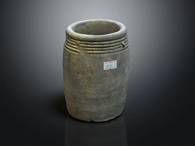 Gray Pottery Jar With Circular Patterns And Label On Black Background 3d model
