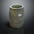 Gray Pottery Jar With Circular Patterns And Label On Black Background 3d model