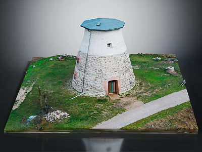 Stone Windmill Building With Dome Roof Stone Walls Grassland Pathway And Wooden Door 3d model