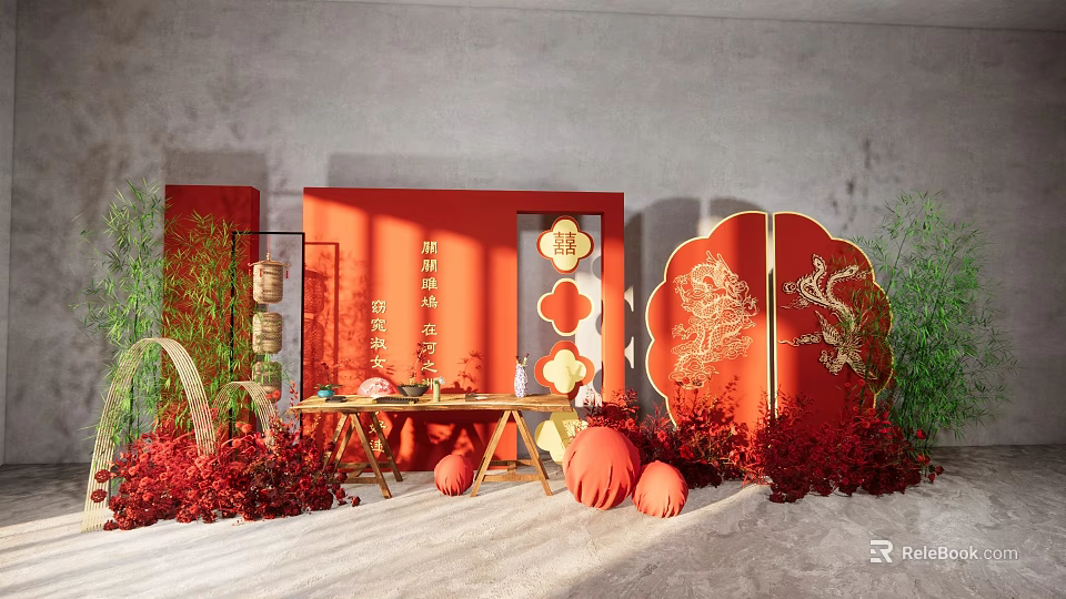 Chinese Style Banquet Hall With Red Decorations Dragon Phoenix Design Double Happiness Symbol And Lanterns 3d model 