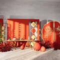 Chinese Style Banquet Hall With Red Decorations Dragon Phoenix Design Double Happiness Symbol And Lanterns