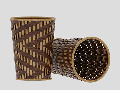 Woven Brown and Beige Striped Cylindrical Storage Baskets for Home Organization 3d model