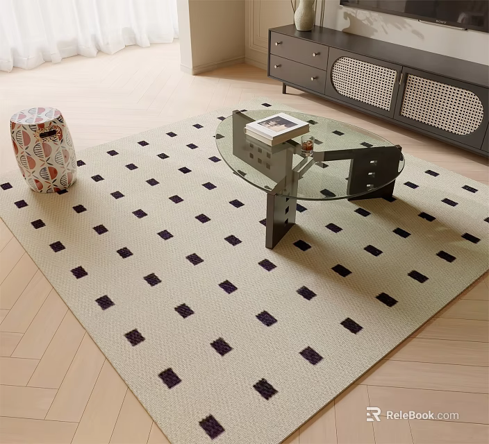 Square Cream Colored Rug With Dark Square Patterns And Glass Coffee Table On Wooden Floor 3d model 