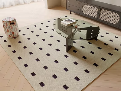 Square Cream Colored Rug With Dark Square Patterns And Glass Coffee Table On Wooden Floor 3d model