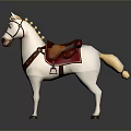 White Unicorn Toy With Brown Saddle Red Pad Reins And Dark Background