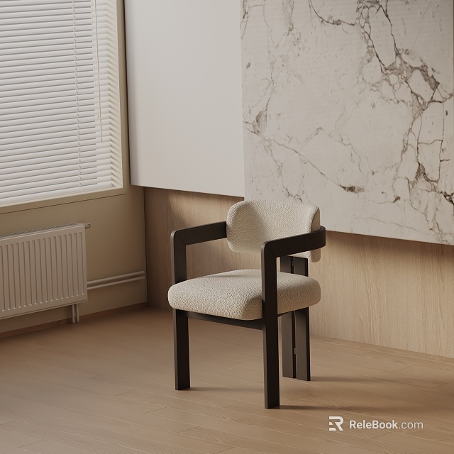 Dining Chair With Dark Frame And Light Plush Seat Wooden Wall Marble Decor And Blinds 3d model 