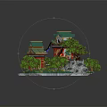 Cartoon Scene Model Featuring Traditional Chinese Architecture Green Roofs Red Pillars And Trees