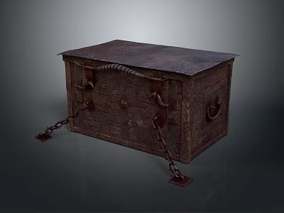 Vintage Rustic Wooden Storage Chest With Iron Chains And Decorative Metal Accents 3d model