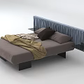 Modern Double Bed With Gray Mattress Blue Headboard Brown Blanket And Black Pillow