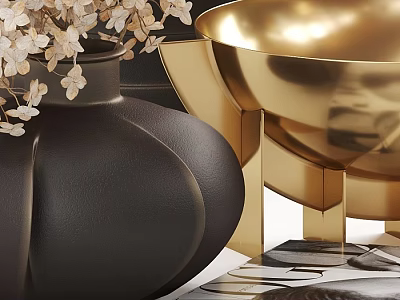Modern Decorative Ornament Set With Black Vase White Flowers And Gold Metal Accents 3d model
