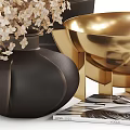 Modern Decorative Ornament Set With Black Vase White Flowers And Gold Metal Accents