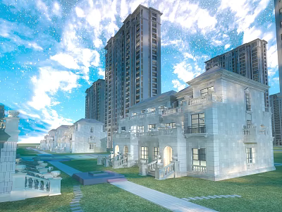 Modern Residential Buildings With High Rise Towers Low Rise Houses Green Lawns And Pathways 3d model