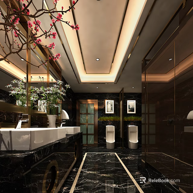 Elegant Modern Public Restroom With Marble Sinks Urinals Green Plants And Lighting 3d model 