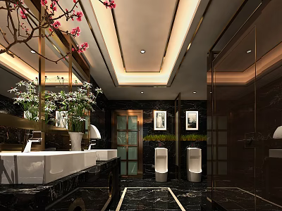 Elegant Modern Public Restroom With Marble Sinks Urinals Green Plants And Lighting 3d model