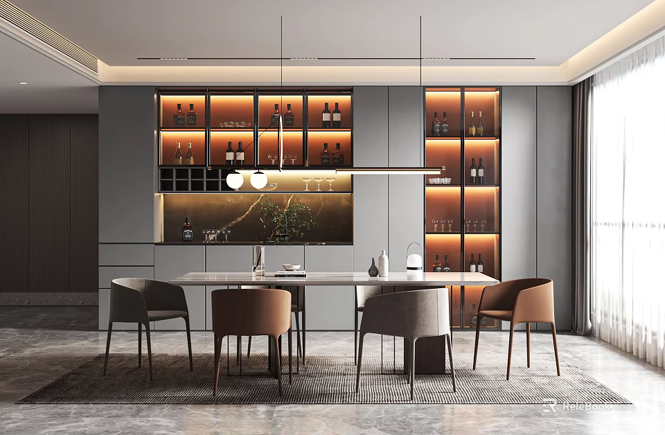 Elegant Modern Restaurant Interior With Illuminated Wine Cabinets Dining Table And Chairs 3d model