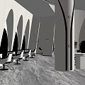 Modern Hair Salon Interior Design With White Curved Walls Marble Floors And Styling Chairs
