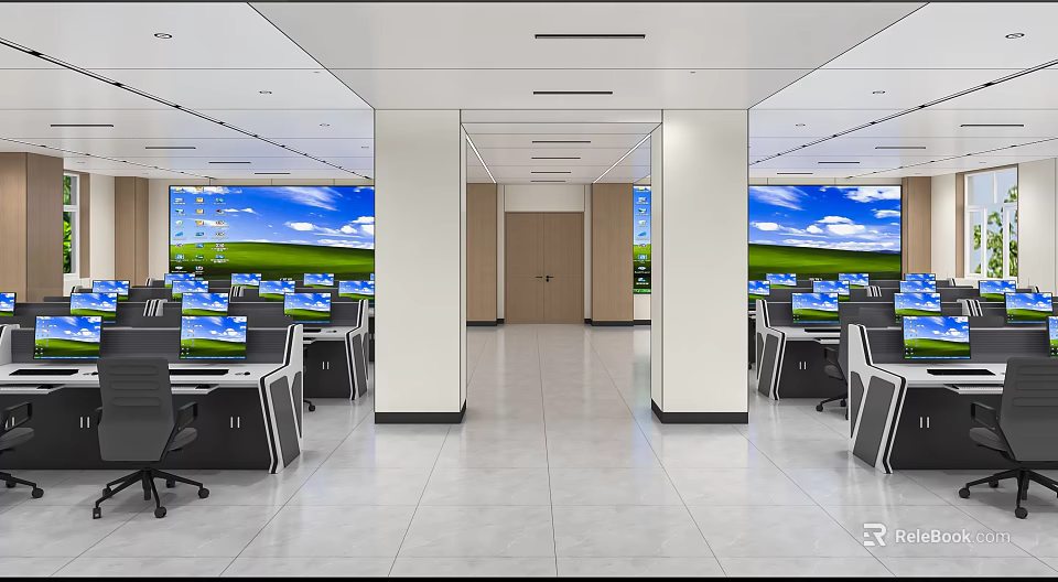 Modern Office Interior With Workstations Computers Large Scenic Screens And White Columns 3d model
