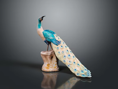 Exquisite Turquoise Peacock Figurine Displaying Long Ornate Tail Feathers With Decorative Base 3d model
