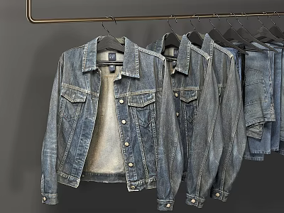 Classic Blue Denim Jackets and Jeans Hanging on Metal Rack for Casual Fashion 3d model