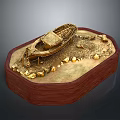 Golden Decorative Boat Model on Red Wooden Base with Accents