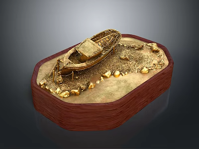 Golden Decorative Boat Model on Red Wooden Base with Accents 3d model