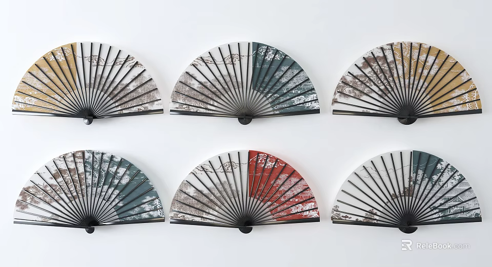 Colorful Landscape Paintings On Folding Fans As Wall Decor With Various Scenes 3d model 