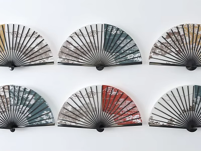 Colorful Landscape Paintings On Folding Fans As Wall Decor With Various Scenes 3d model