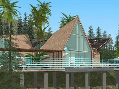 Detached Villa With Triangular Roof Glass Walls Palm And Pine Trees Mountain View Terrace 3d model