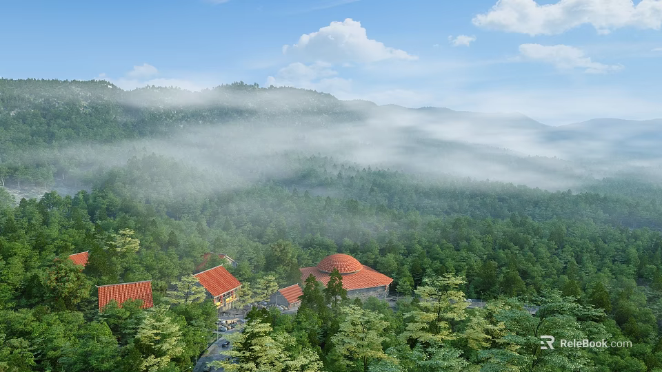Serene Misty Mountain Forest Scenery With Nestled Red Roof Buildings Under Bright Fresh Blue Sky 3d model 